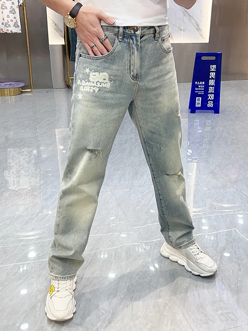 

Мужские широкие джинсы свободного кроя, прямые длинные брюки, весна-лето, модный дизайн с дырками, молодежные, со средней талией, на молнии