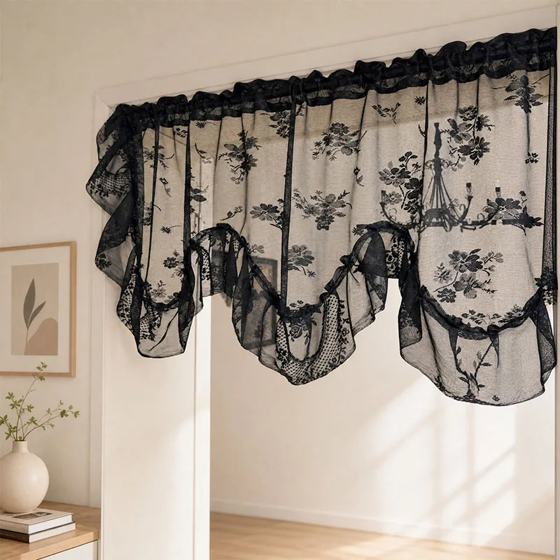 1pc Black Floral Lace Ruffled Wave Short Window Valance Cream Style Sheer Curtain for Interior Window Ornament
