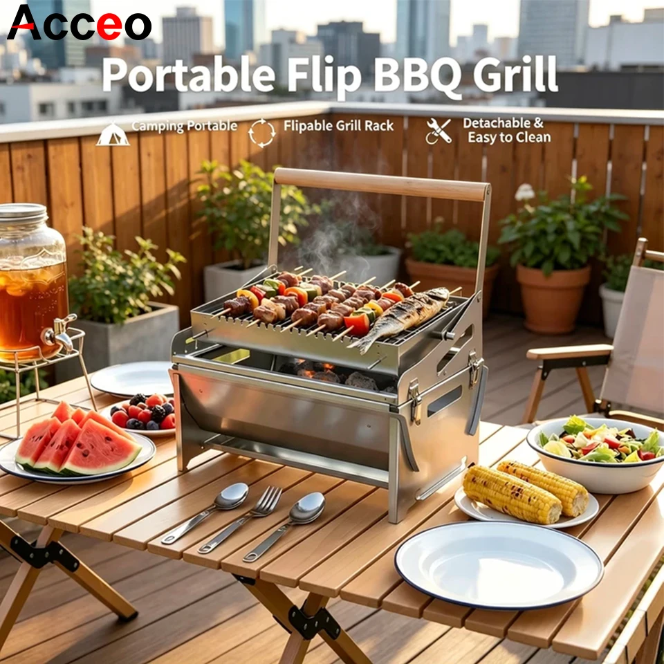 Portable Flip BBQ Grill,Foldable Steel Charcoal Barbecue Grill,Detachable Outdoor Camping Terrace Picnic Mini Grilling Stove