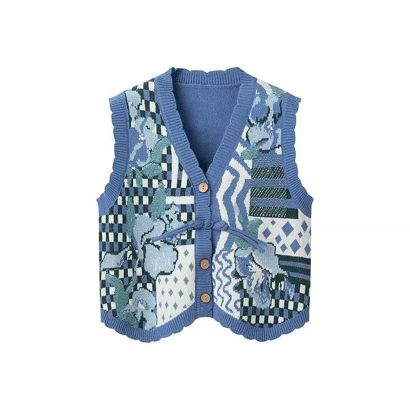 

Vintage Jacquard Knitted Vest Women 2026 New V Neck Sleeveless Design Sweater Cardigan Sweet Overlap Waistcoat Crop Top
