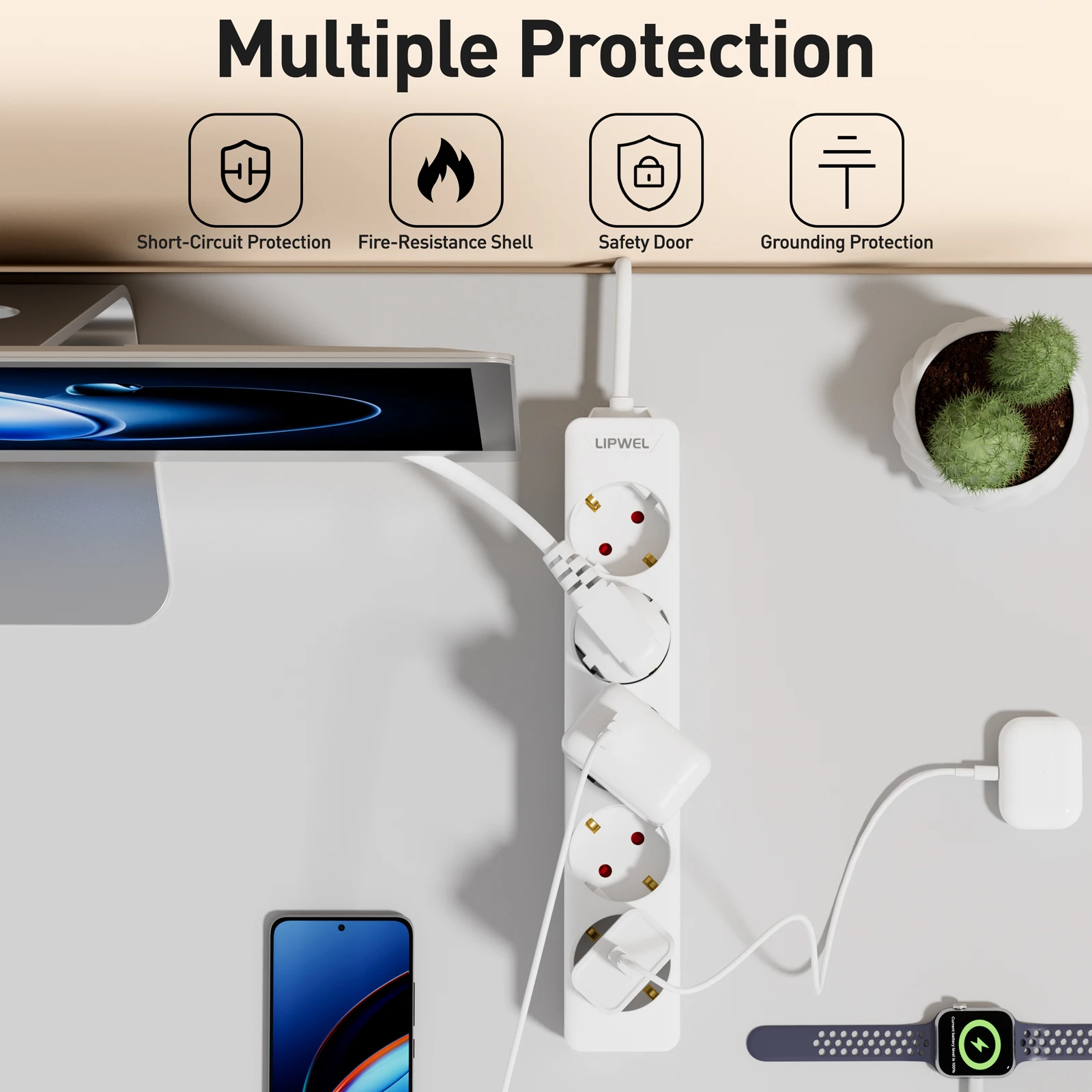 شريط طاقة بمقبس أوروبي من الأسلاك النحاسية السميكة، موزع طاقة متعدد المنافذ مع أحجام مقابس مختلفة، حل طاقة موثوق به