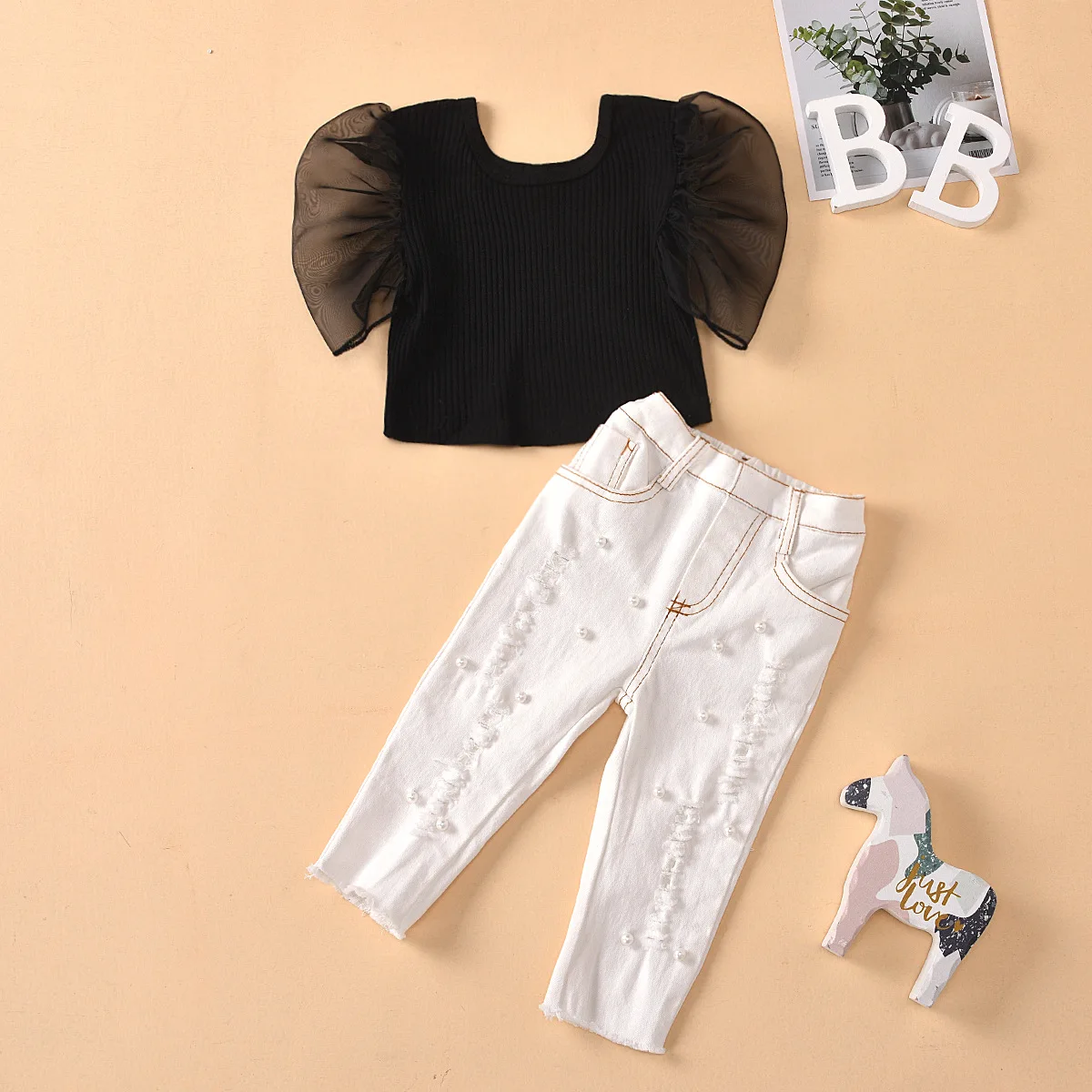 2024 Spring Summer Baby Girls Round Neck Transparency Mesh Sleeves Shirt+Beaded Ripped Jeans Two-piece Suit 0-5Years