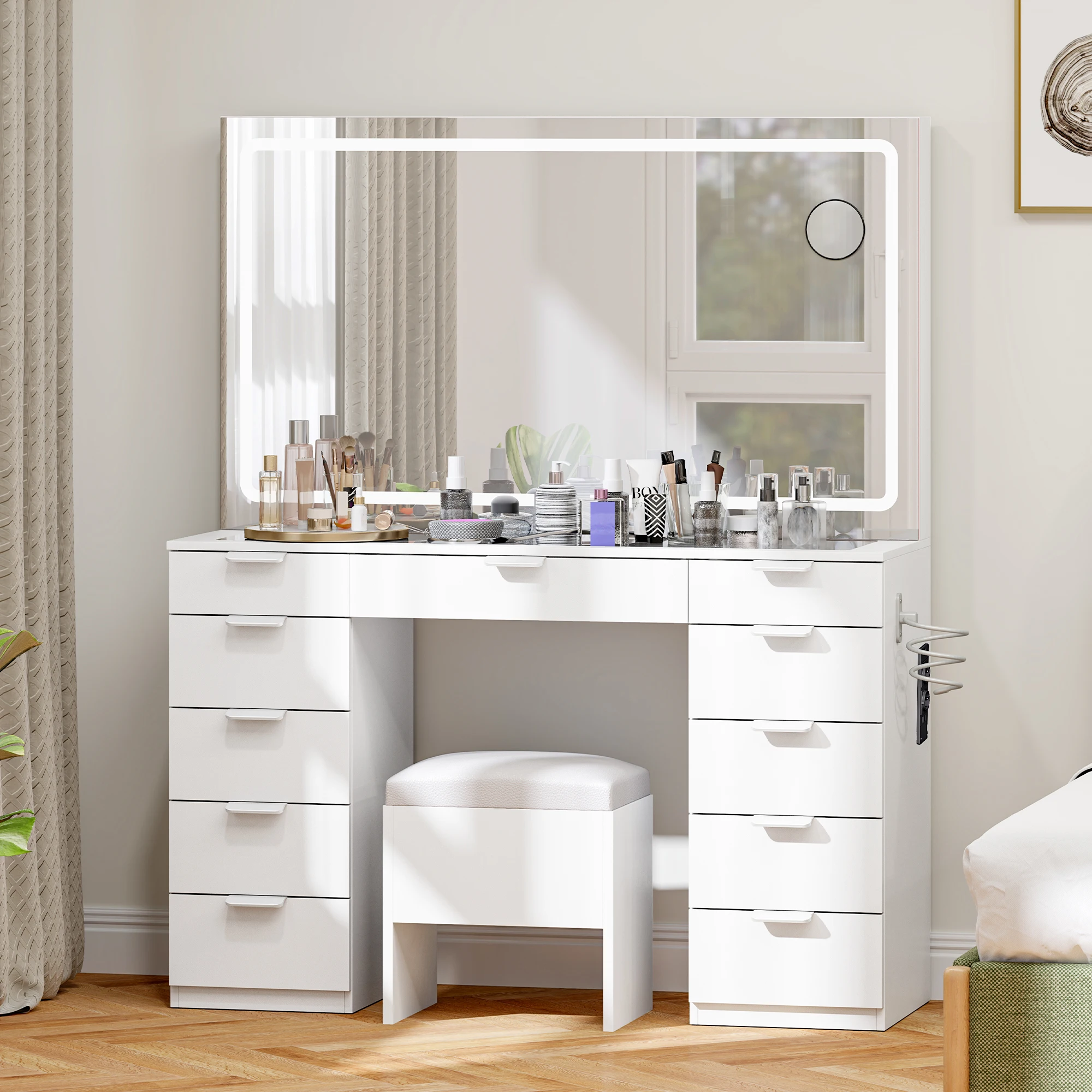YITAHOME Grande coiffeuse blanche avec éclairage LED réglable, prises de courant, plateau en verre miroir, 11 tiroirs inclus, tabouret