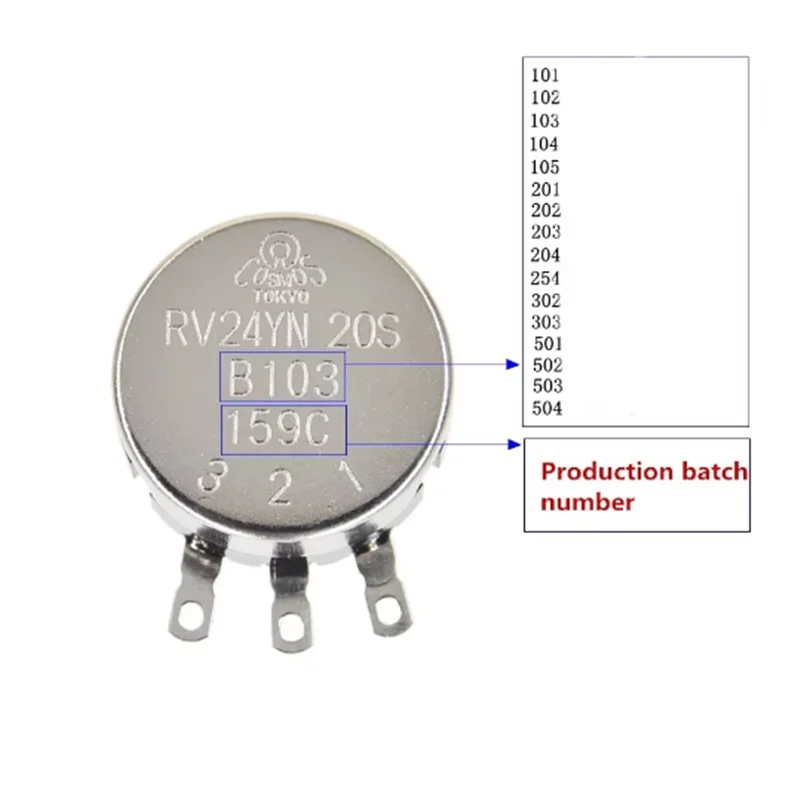 Потенциометр RV24YN20S 101 102 B103 104 105 201 202 203 204 254 302 303 501 502 5K 10K 503 K 504 K 100K 500 Ом