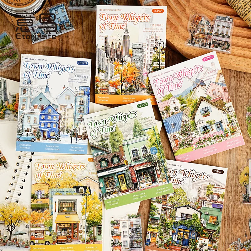 15pcs/1lot Kawaii Scrapbook Stickers Small Town Time Junk Journal Gold Planner Stationery Sticker Planner Decorative