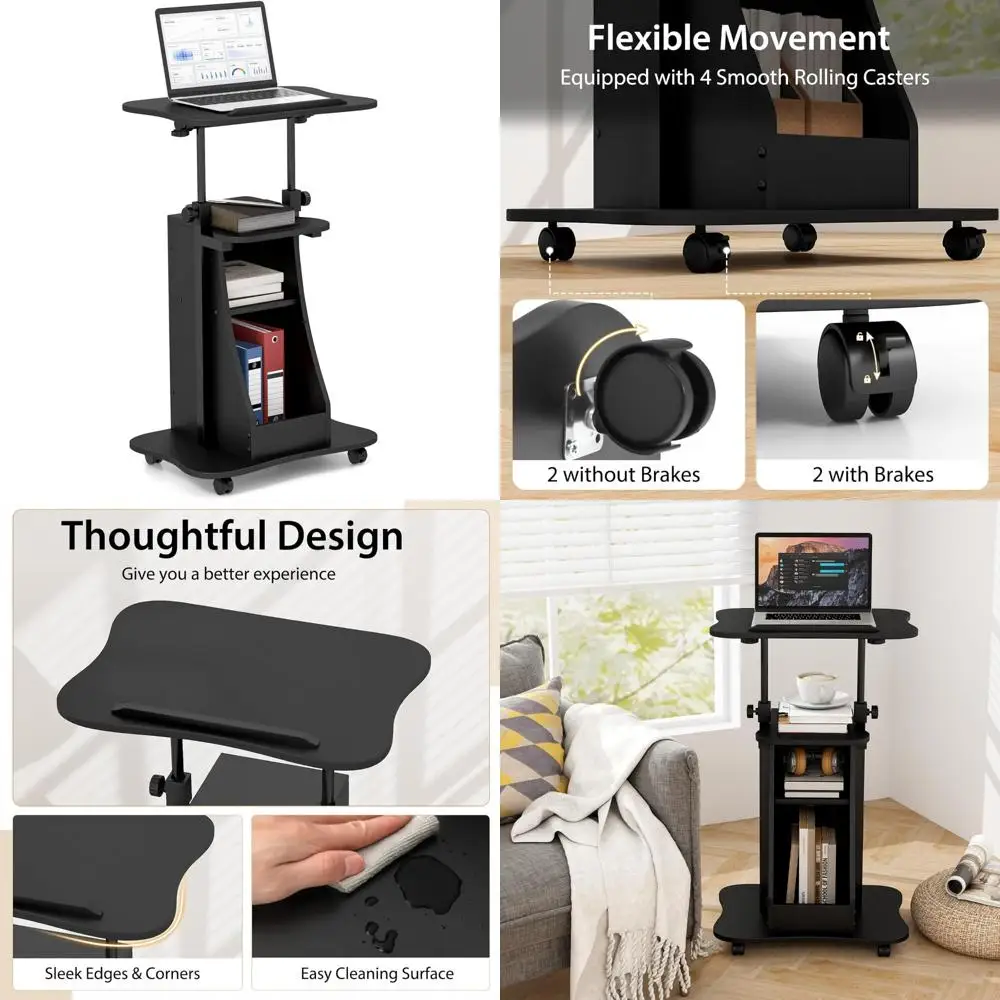 عربة كمبيوتر محمول قابلة لضبط الارتفاع مع سطح طاولة مائل، وحامل منبر دوار، ومقصورات تخزين، ومنصة متنقلة للعرض #1