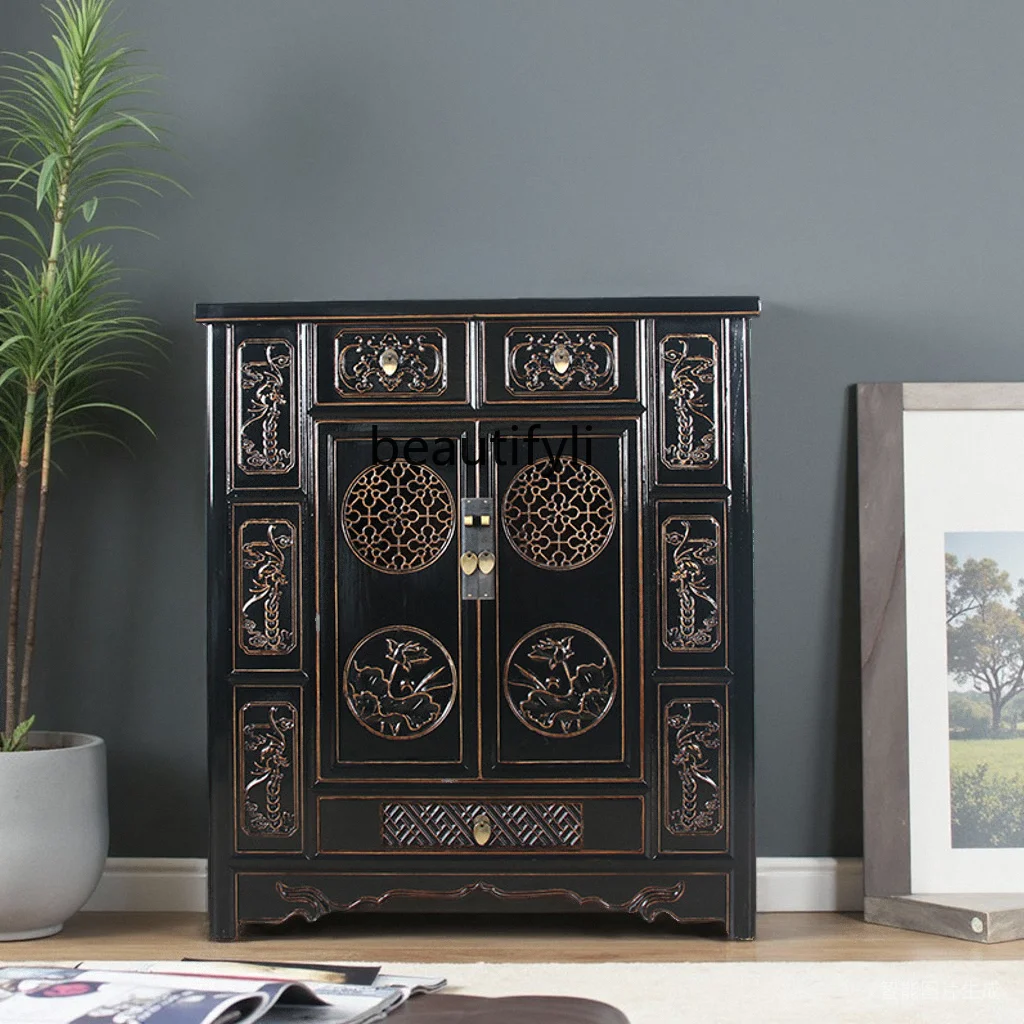 

New Chinese Style Solid Wood Shoe Cabinet Entrance Hall Cabinet Antique Imitation Old Elm Wood Carved Gold-Embellished Cabinet