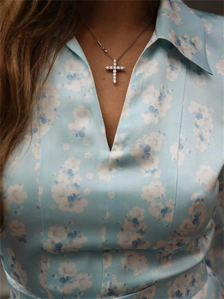 Abito lungo elegante stampato in raso Tossy per donna Abito aderente femminile con fasciatura a maniche lunghe a vita alta a contrasto