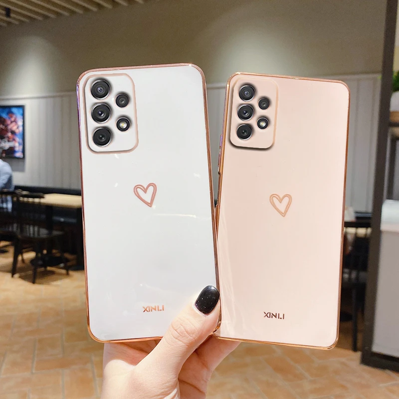 A 53 73 33 Love Heart Square Plating Phone Case On For Samsung Galaxy A53 A73 A33 A52 A72 A32 4G 5G Bumper Glitter Fundas Cover