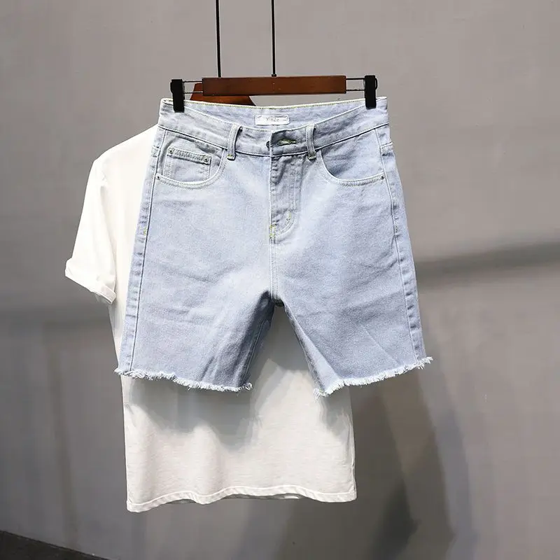 

2024 New Arrival Men's Denim Shorts Casual Summer Slim Fit Trendy Korean-Style Jean Shorts for Young Men Light Blue Short Pants