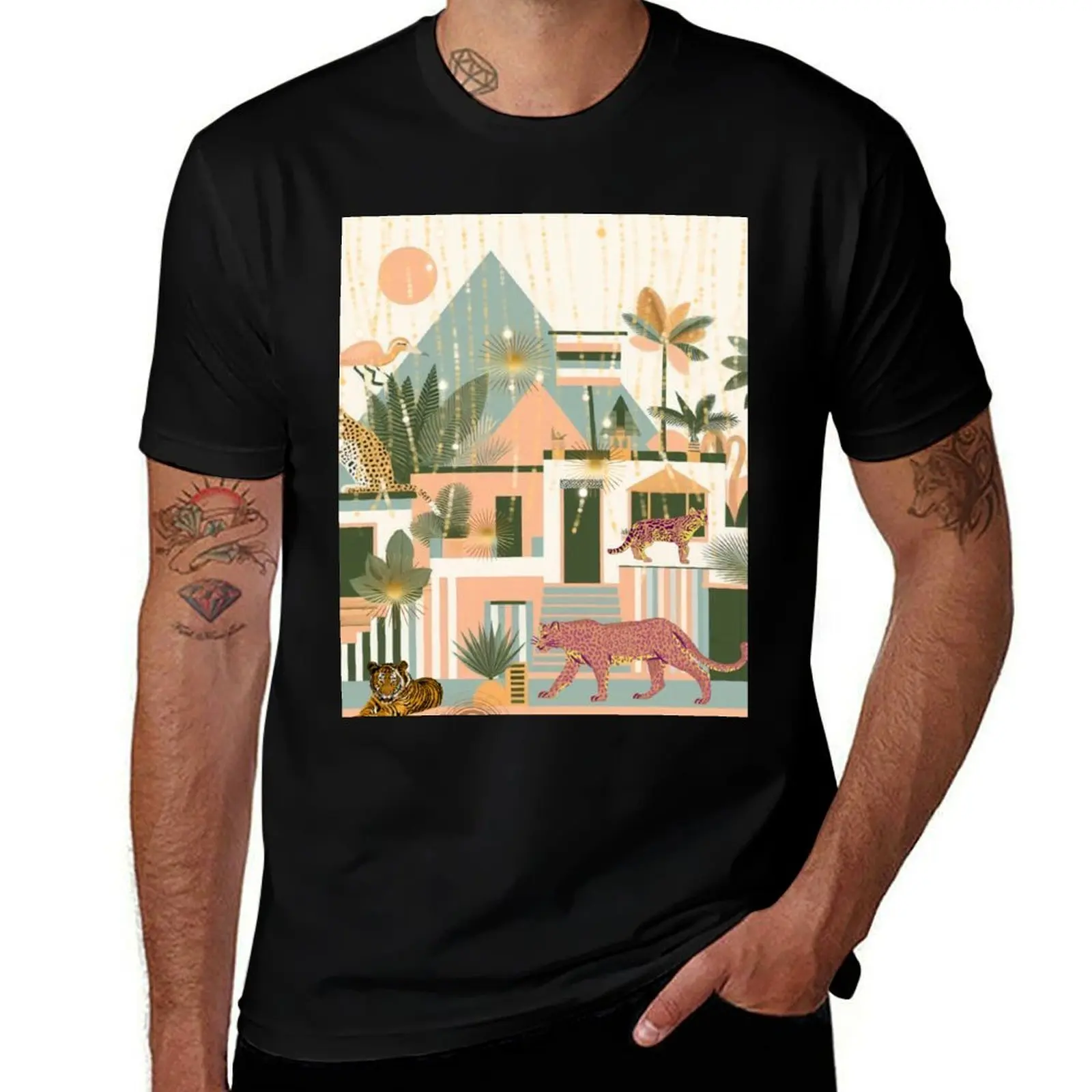 

Elegant Gold Tropical Jungle Pattern Botanical Palm Leaves Design T-Shirt boys whites oversized sweat plus size men clothing