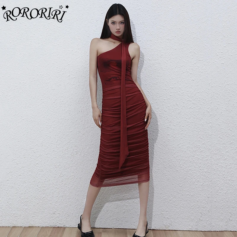 RORORIRI Evil Eye Women Bodycon Dress Scarf Neck Slant Shoulder Ruched Midi Long One-piece Evening Party Formal Vintage Clothes