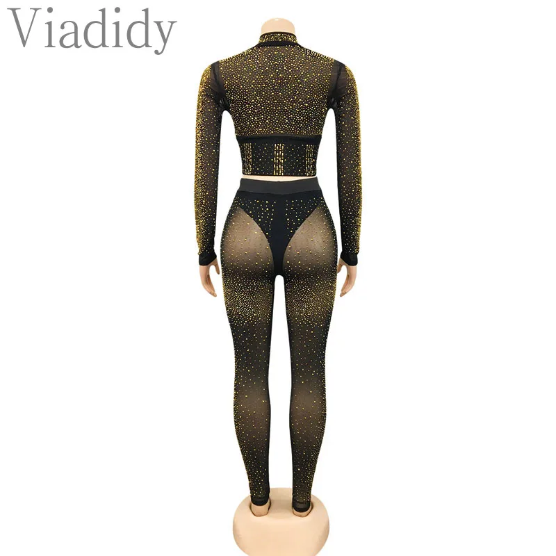 Women Sexy Two-Pieces Mock Neck Rhinestone Front Zipper Long Sleeve Crop Top And High Waist Skinny Pants Set