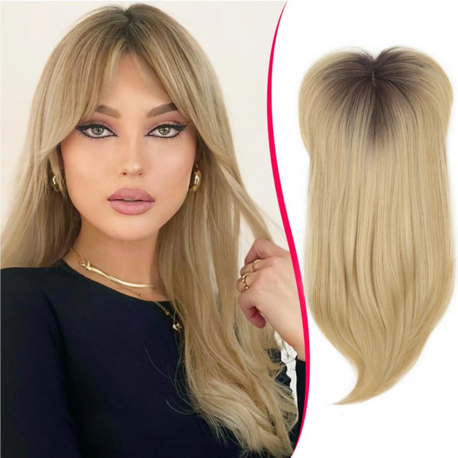 Peruca longa encaracolada com oito bangs para mulheres, peruca sintética, bloco de substituição do cabelo, levemente encaracolado, peça