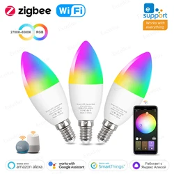 Lâmpada LED Smart Zigbee, Lâmpada de vela, E14, AC 100-240V, RGB, CW, WW, funciona com Amazon Alexa, Google Home, Yandex, Wi-Fi