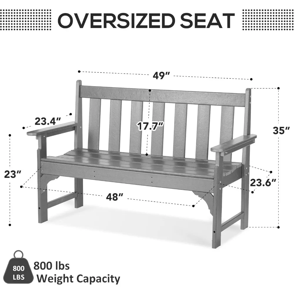 Outdoor Bench, HDPE All Weather Patio Bench Load Up To 800 Lbs,  Rot-Proof Fade Proof for Patio, Porch, 2-Person Garden Bench