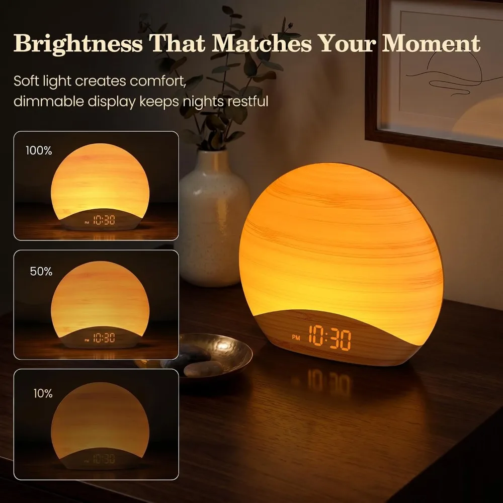 Natural Wood Grain Sunrise Alarm Clock, 26 Soothing Sounds, Dimmable Night Light for Baby Kids Adults view 6