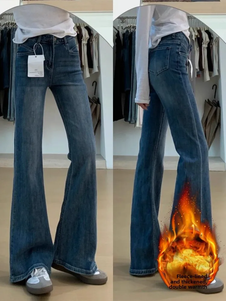 

Женские джинсы больших размеров с флисовой подкладкой, утолщенные, с широкими штанинами, весенние, эластичные, с высокой талией, прямые, облегающие, модель «Копытце»