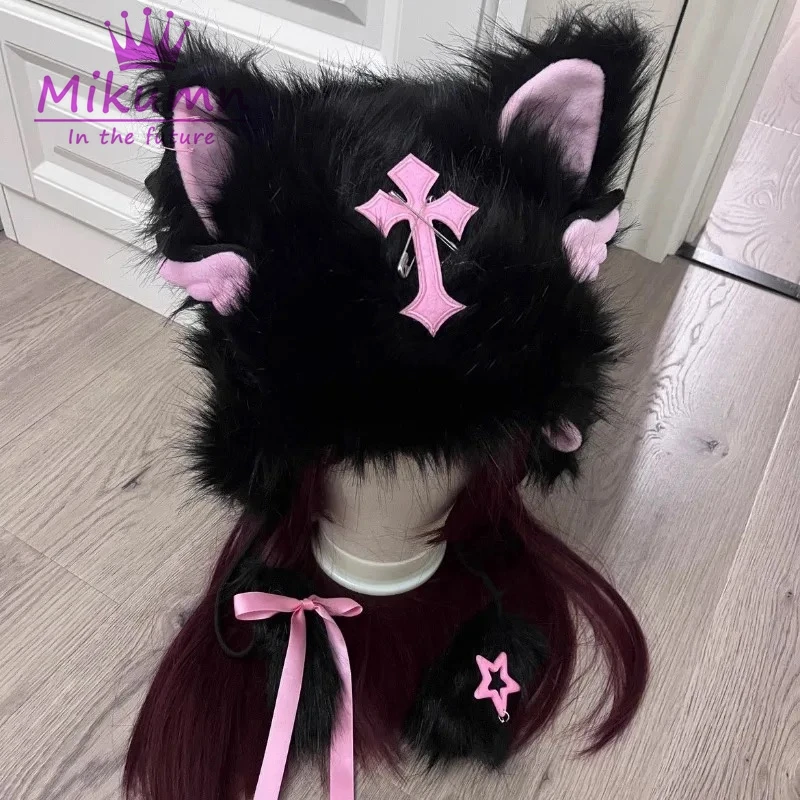 Mikumn Women Gothic Lolita Plush Cat Ear Hats Harajuku Y2k Punk Black Pink White Cross Wings Bow Cute Flurry Warm Beanie Hats