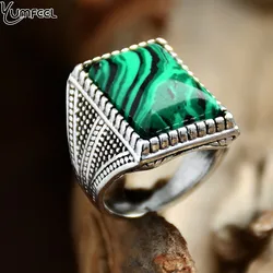 Yumfeel New Malachite Ring Men & Women Fashion Antique Silver Plated Setting Green Gemstone Retro Ring