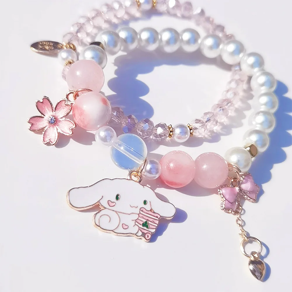 Sanrio Cinnamoroll Crystal Bracelet Girls Sweet Bracelet Pearl Cinnamoroll Creative Hello Kitty Bracelet Valentine's Day Gifts