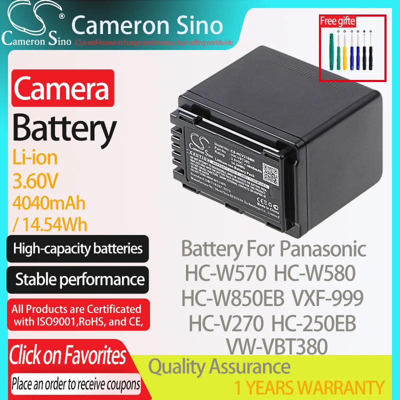 CameronSino Battery for Panasonic HC-W570 HC-W580 HC-W850EB VXF-999 HC-V270 fits Panasonic VW-VBT380 Digital camera Batteries