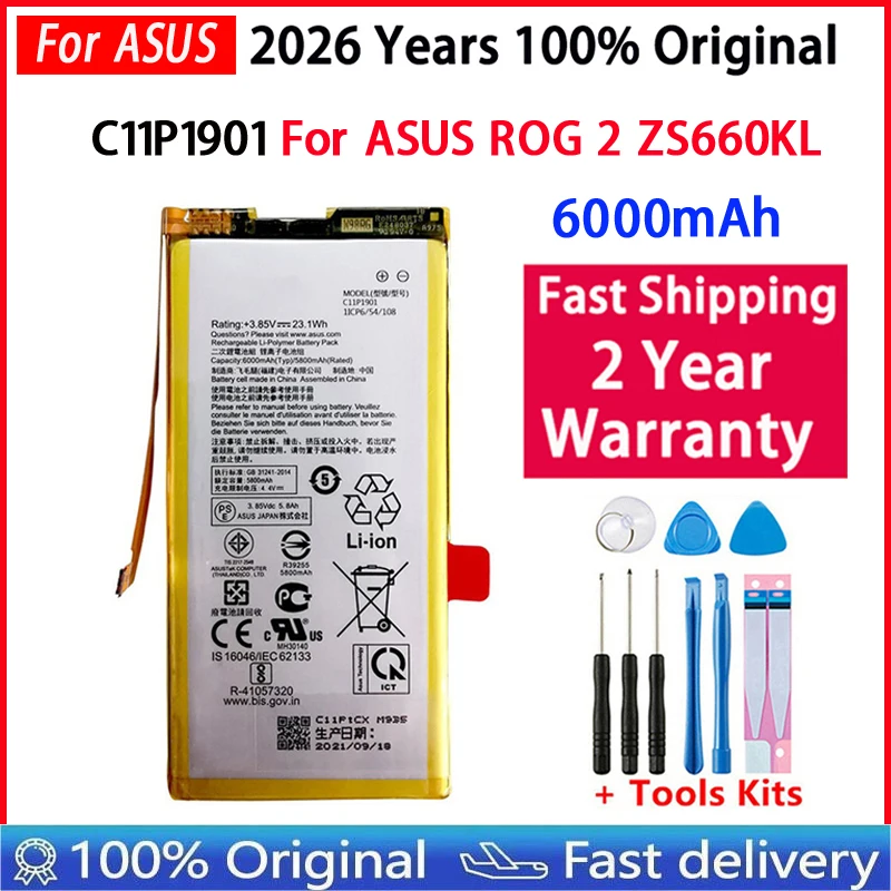 High Capacity 6000mAh C11P1901 ZS660KL I001DB Phone Battery For ASUS ROG 2 Game Phone Batteries Bateria Batterij+Tools