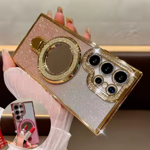 Make up Mirror Case For Samsung A55 A54 Glitter Invisible Magsafe Stand Cover For Samsung S25 Ultra S24 FE S23 S22 Diamond Case