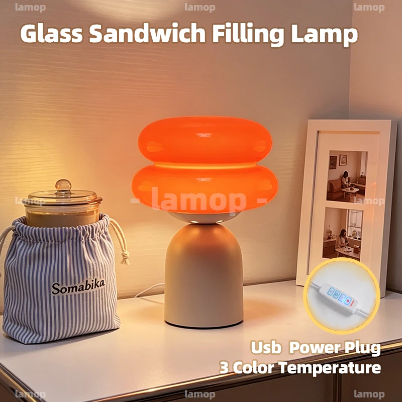 Glass Soft‑Halo Dual‑Stack Ellipsoid Cylindrical Base Table Lamp Cottage Casual 3 Tone Mellow Radiance Nightstand Shelf Decor