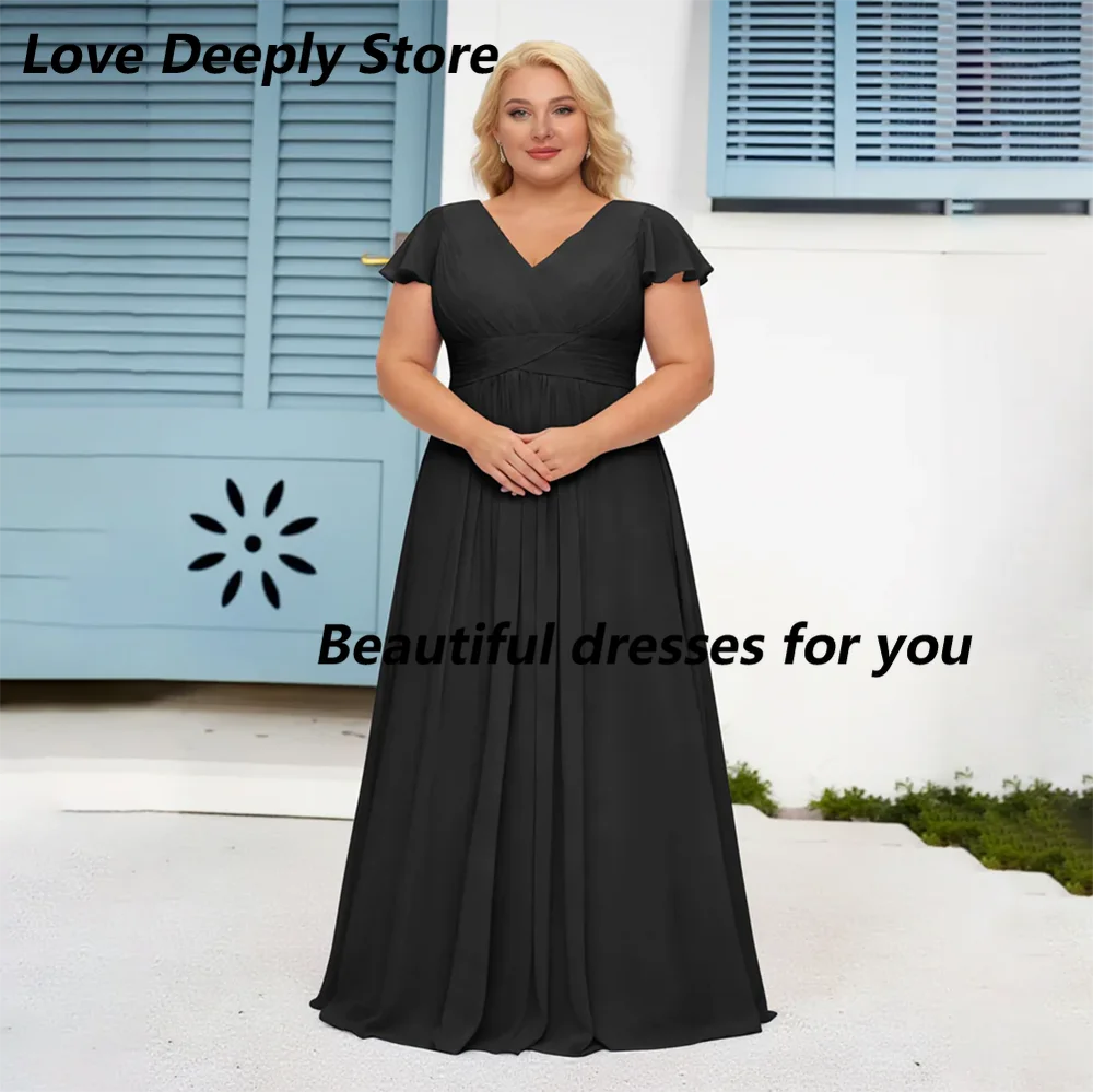 Plus Size Mother of The Bride Dresses Customized Floor Length A Line Formal Party Dress V Neck Short Sleeves Wedding Guest Gowns
