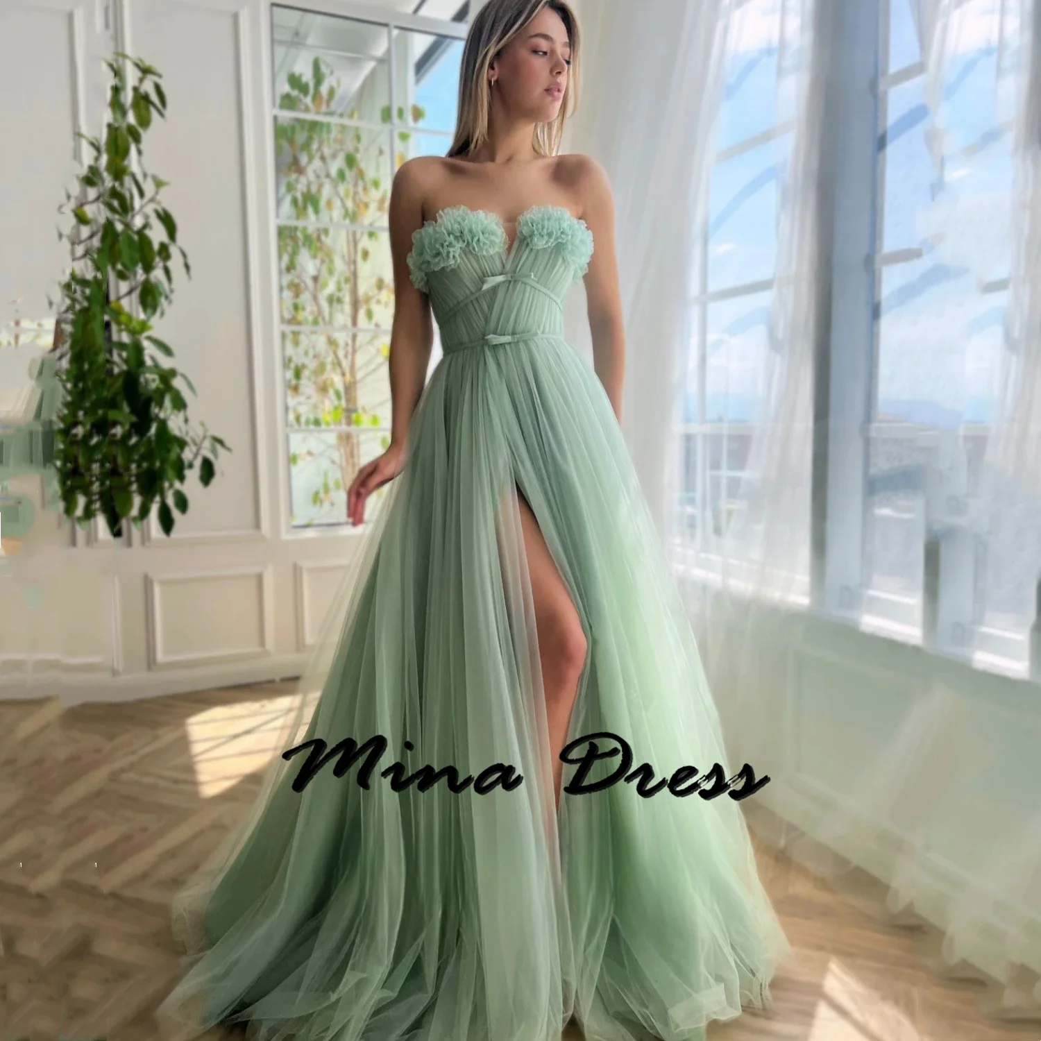 Mina Customized Elegant Evening Dress Woman Luxurious Gala Dresses 2024 Tube Top Off-the-shoulder Tulle A-shaped Side Slits Prom