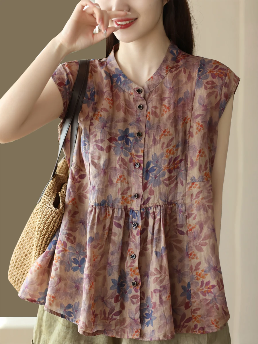 Été Vintage imprimé lin irt femmes polyvalent Agel Personali Ba sangle poupée irt Svel haut à la mode bouton fermeture