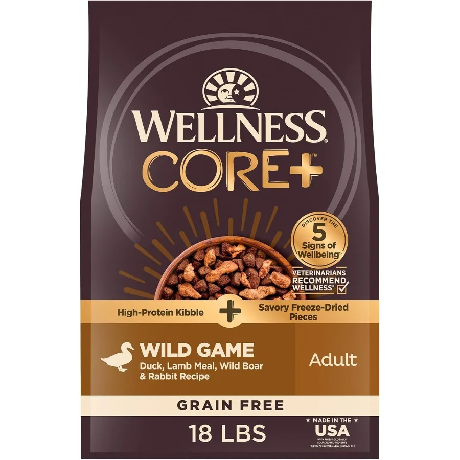 CORE+ Comida seca para perros con piezas liofilizadas Sin granos Alto proteínas Juego salvaje natural Pato Cordero Jabalí y receta de conejo 18-