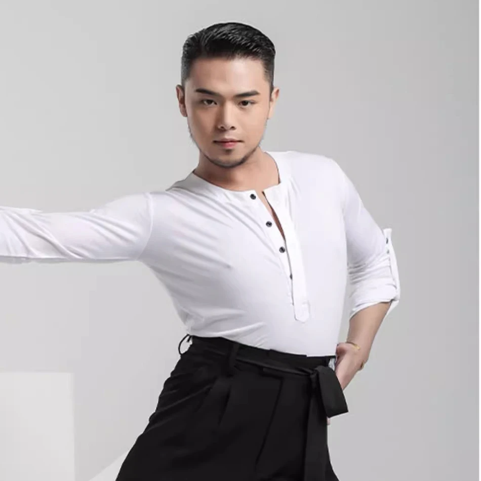 Manches bouton conception hauts mâle danse latine tissu pour hommes danse de salon Samba Rumba scène Performance Dancewear NY63 7130