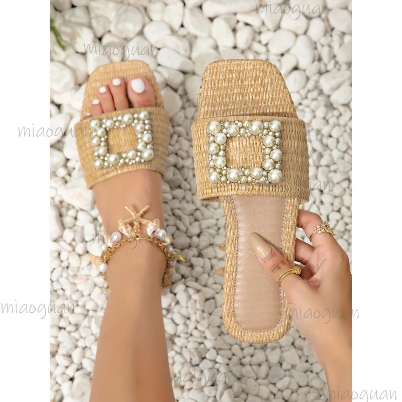 

Summer Fashion Square Headed Cane Knitted Flat Slippers Glitter Bright Diamond Vacation Women Sandals Crystal Beach Slides Shoes