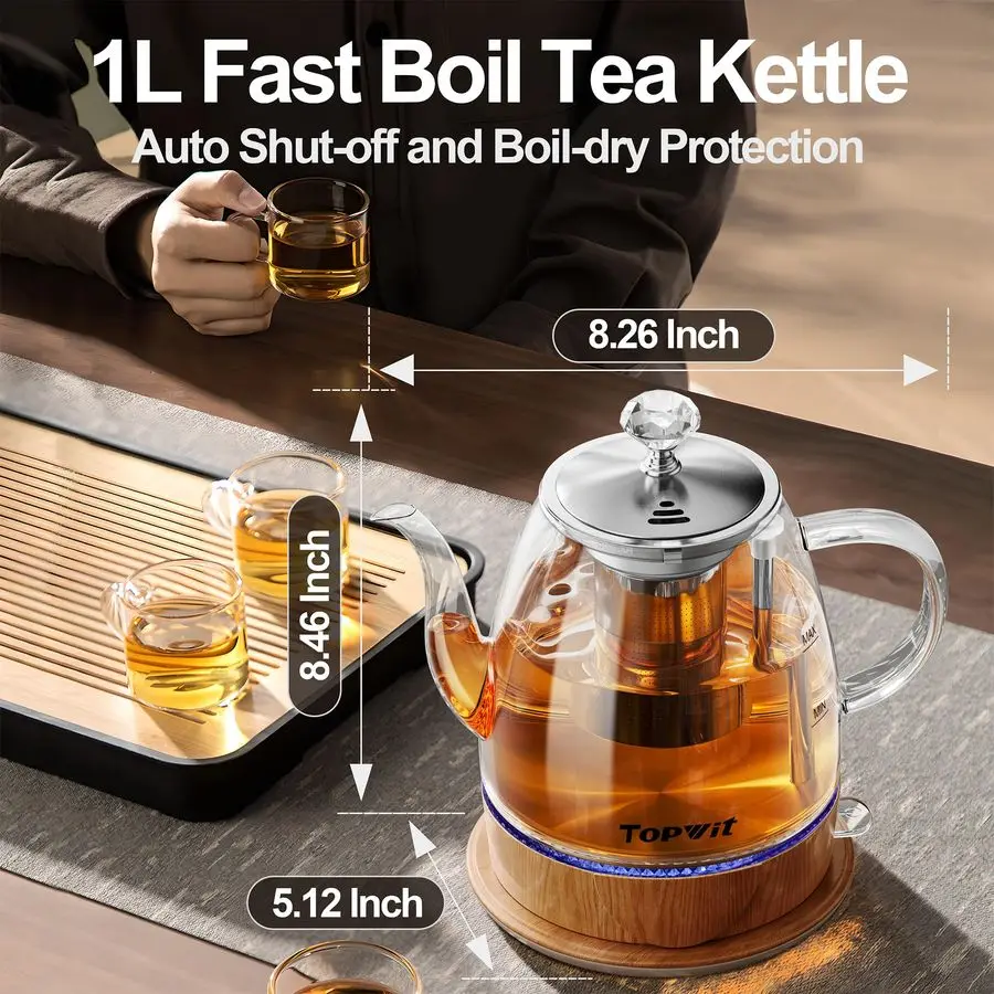 

Electric Kettle Glass, For Hot Water, Tea and Coffee Dual Purpose Design, BPAFree, 1L Pour Over Removable Stainless Steel Infuse