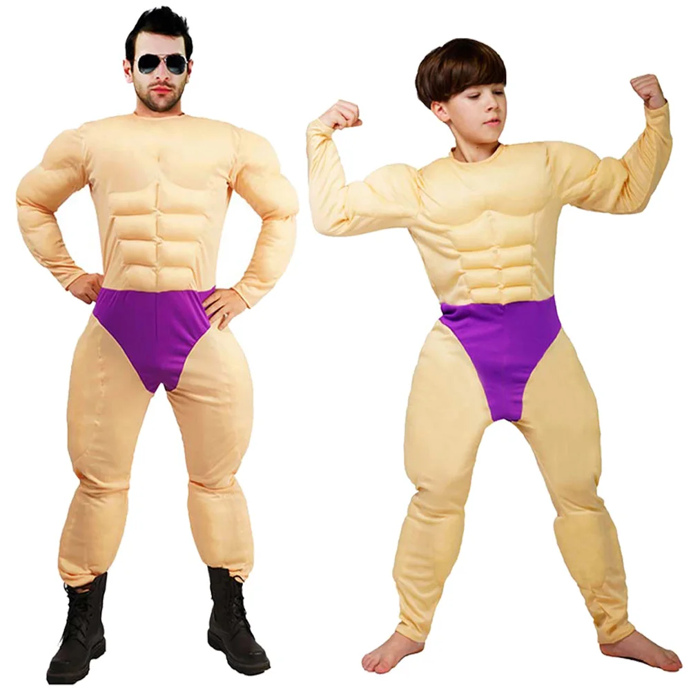 Volwassen Kinderen Gespierde Mannen Cosplay Muscle Jumpsuit Kostuum Kleine Jongens Man Rolspel Grappige Bodysuit Halloween Carnaval Feestpakken