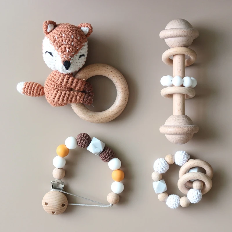 

Baby Pacifier Clip Chain Holder Wooden Teething Bracelet DIY Crochet Animal Teether Infants Rattle Soother Molar