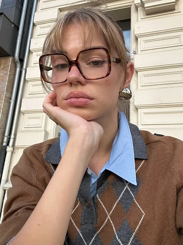 

HH, осень 2024, женский модный однотонный вязаный свободный пуловер с отложным воротником и бриллиантами, свитер на пуговицах с длинными рукавами, уютные топы Mujer