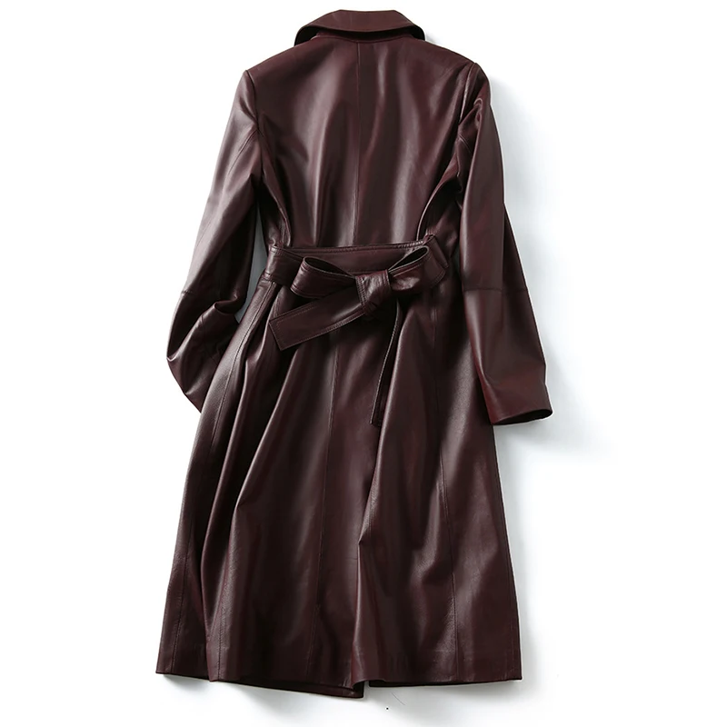 Burgunder Lederjacke Damen Frühling Herbst echtes Schaffell Einreiher Gürtel schlank lange Mode Temperament Trenchcoat