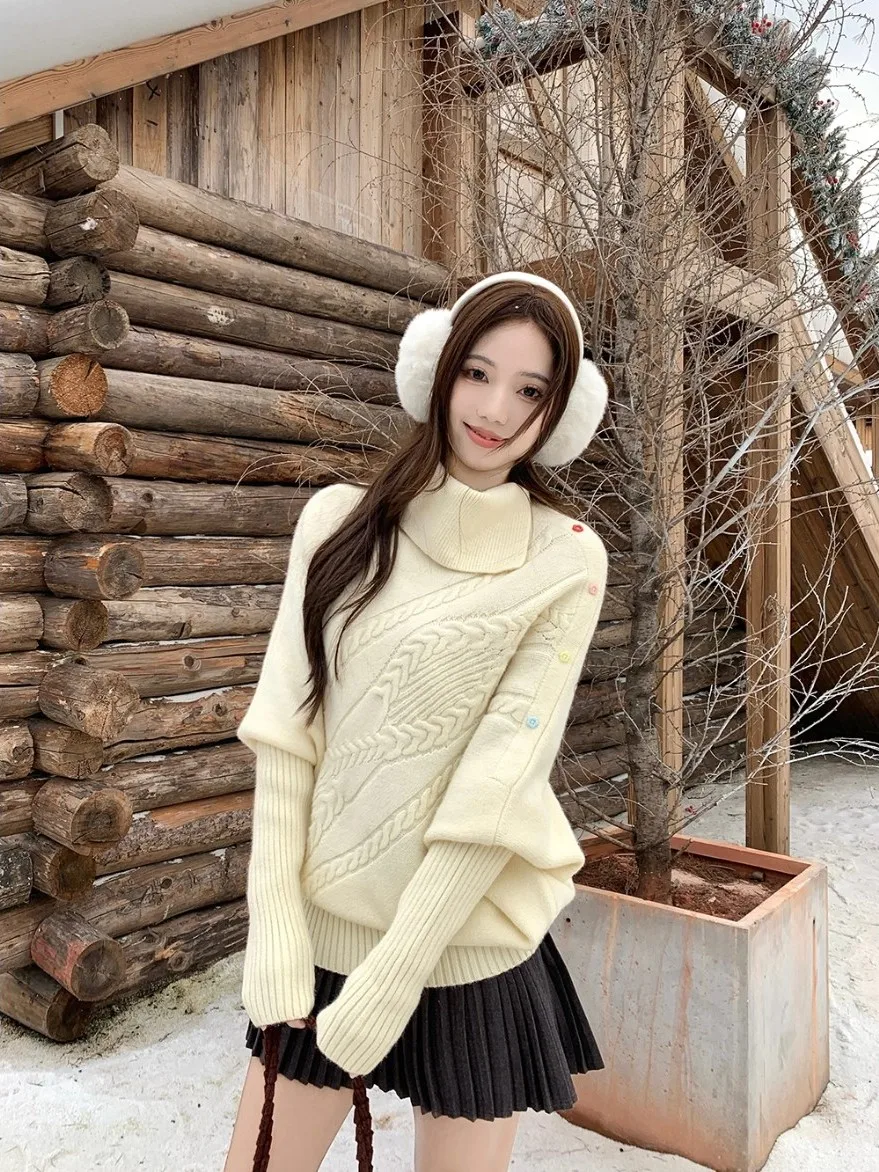 Weicher, gemütlicher Pullover mit hohem Kragen für Damen, lockeres langes Sve-Strickoberteil, Herbst-Winter, neues SLE, bequem, warm, Faion