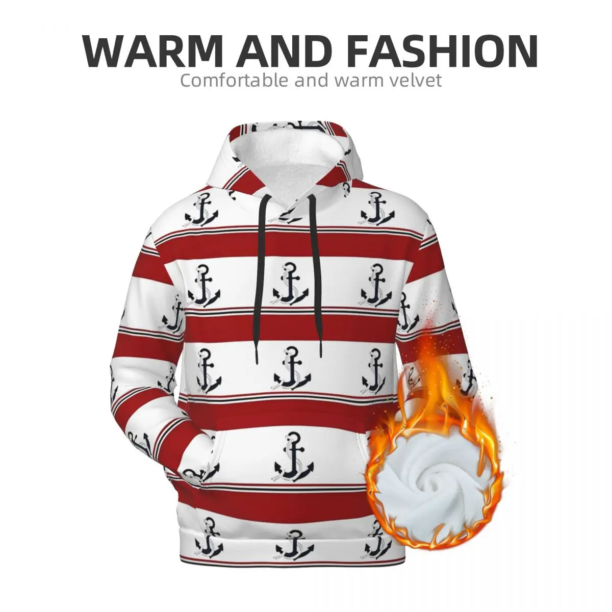 Nautical Anchor Loose Hoodies Man red blue white stripes Casual Pullover Hoodie Winter Harajuku Classic Sweatshirts Plus Size