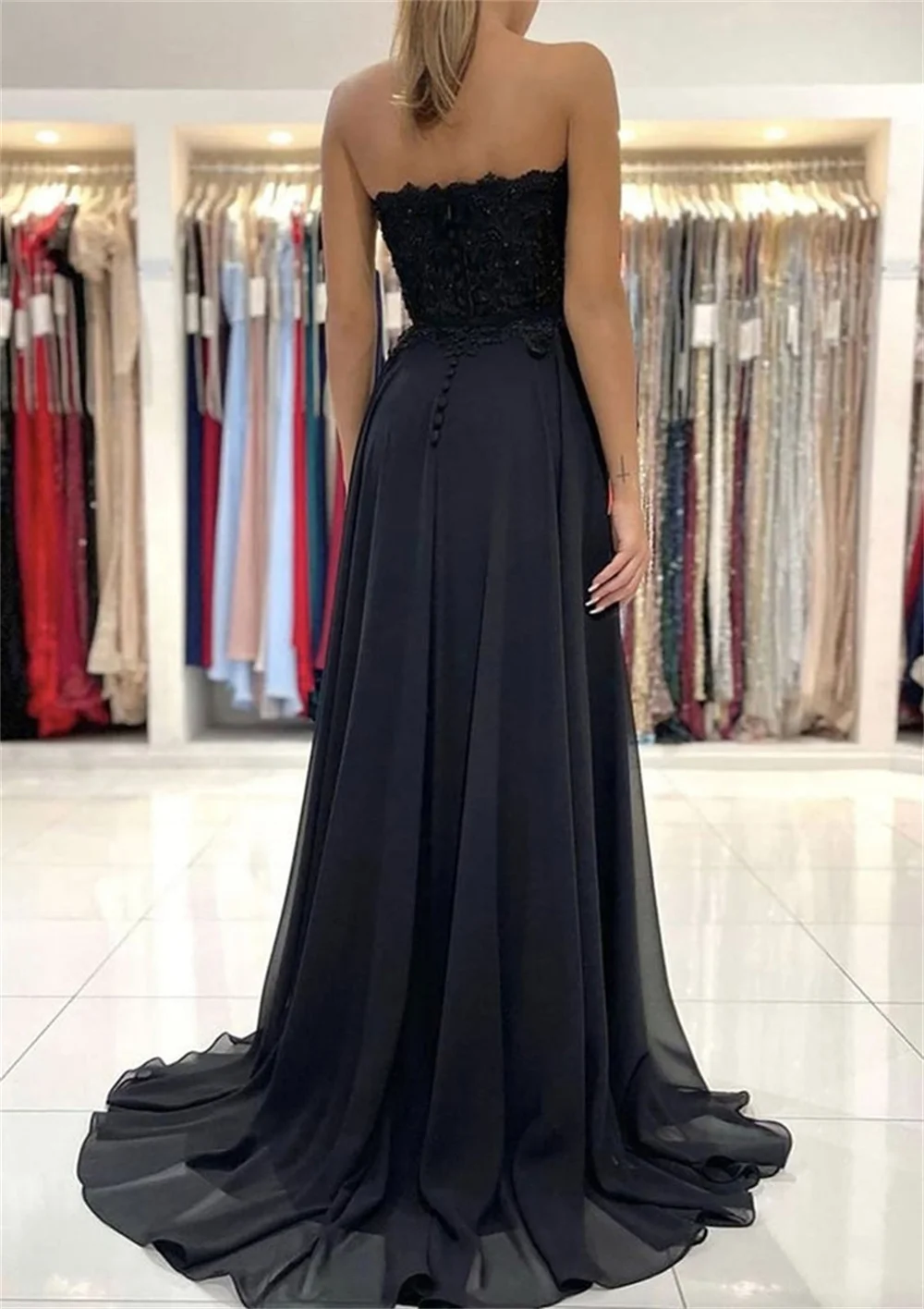 Bella Black Tulle Prom Dresses Strapless A-line Wedding Dress Elegant Sleeveless Sexy Side High Split Vestidos De Fiesta 2024