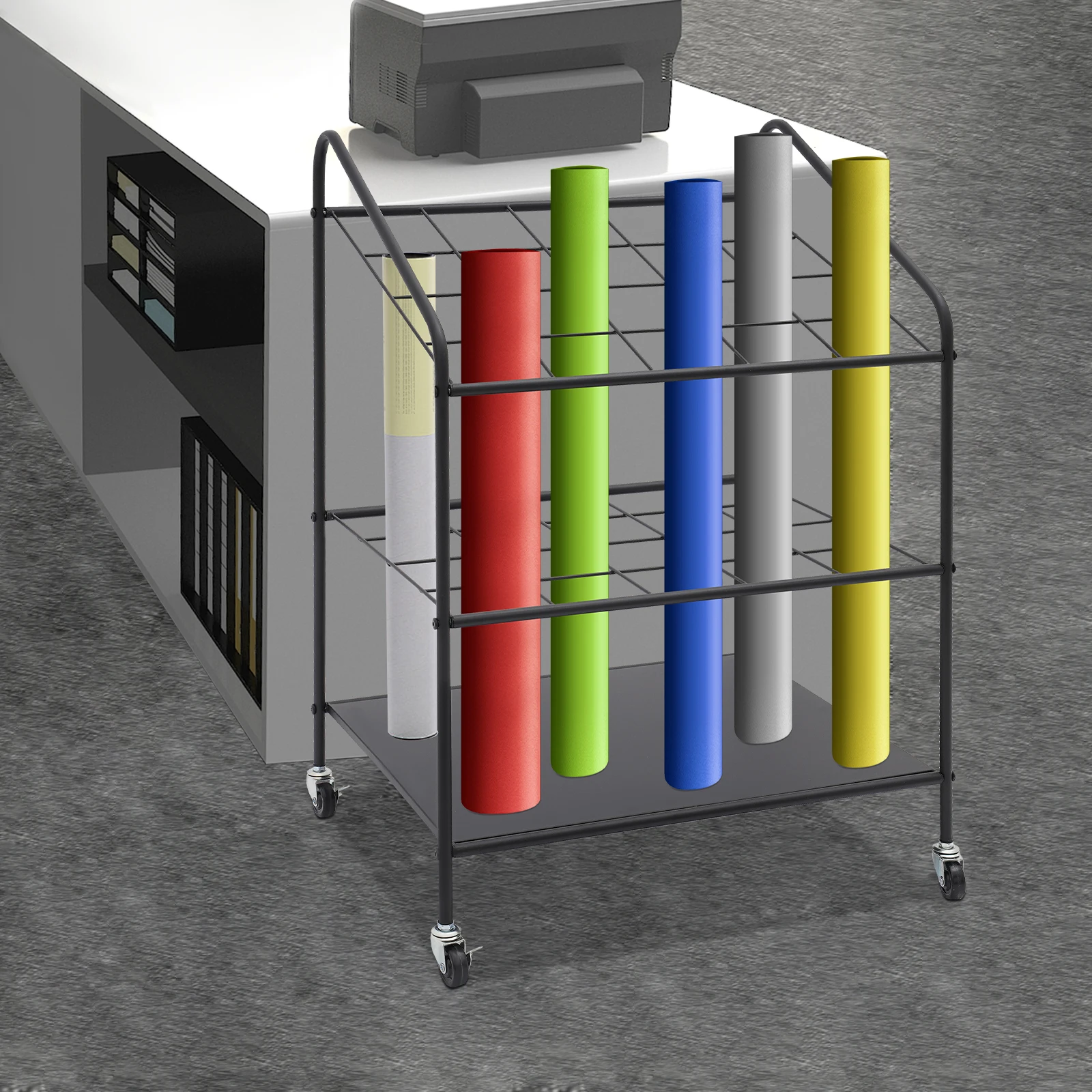 

Черная железная трехъярусная рамка для чертежей 82*56*46 см с 20 слотами, на колесиках с тормозом, для хранения файлов и демонстрации рулонов