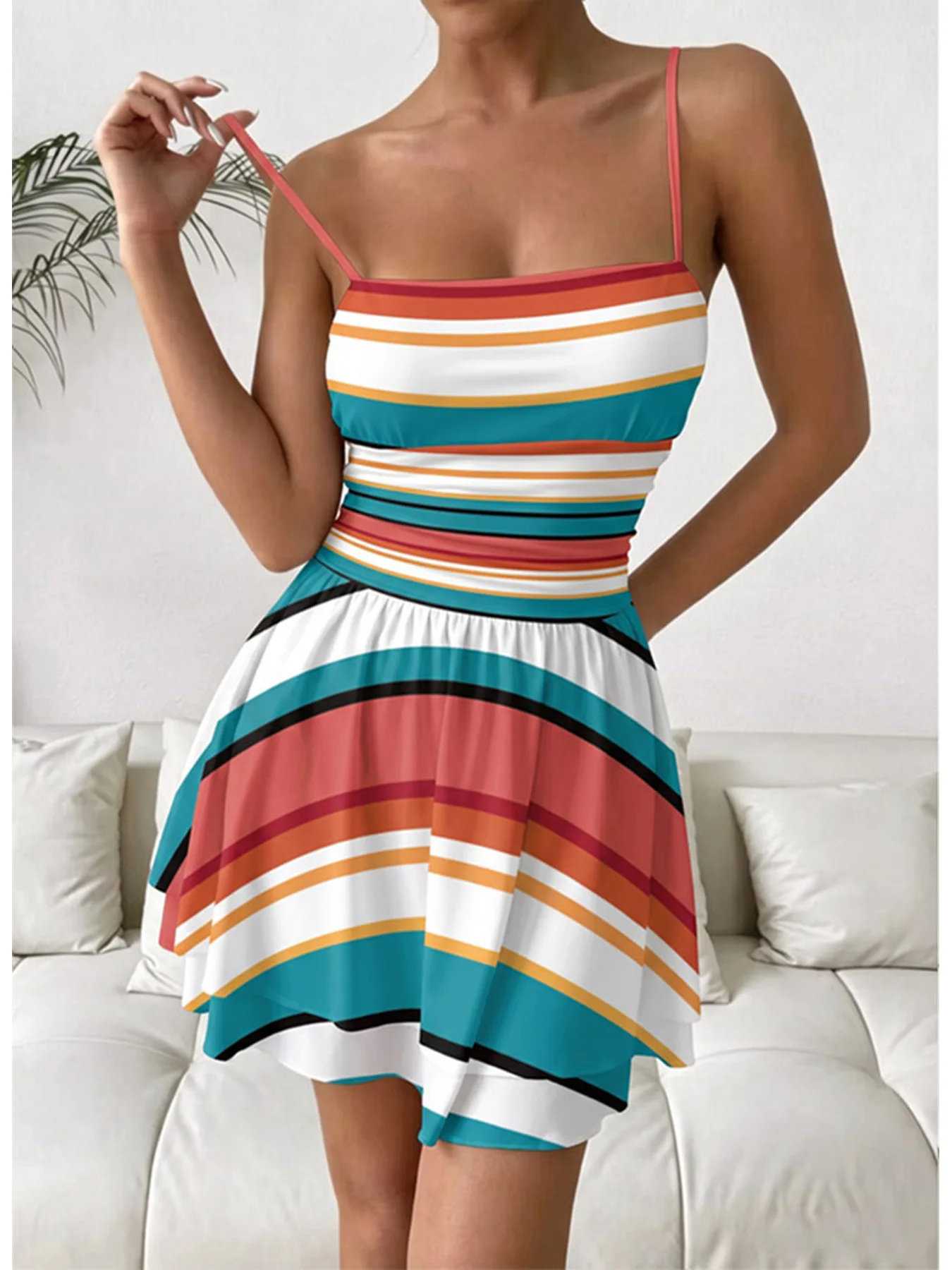 Women's Striped Color-Block Mini Dress Sexy Comfortable One-Neck Suspender Chest Wrapped Waist Cinching Skirt