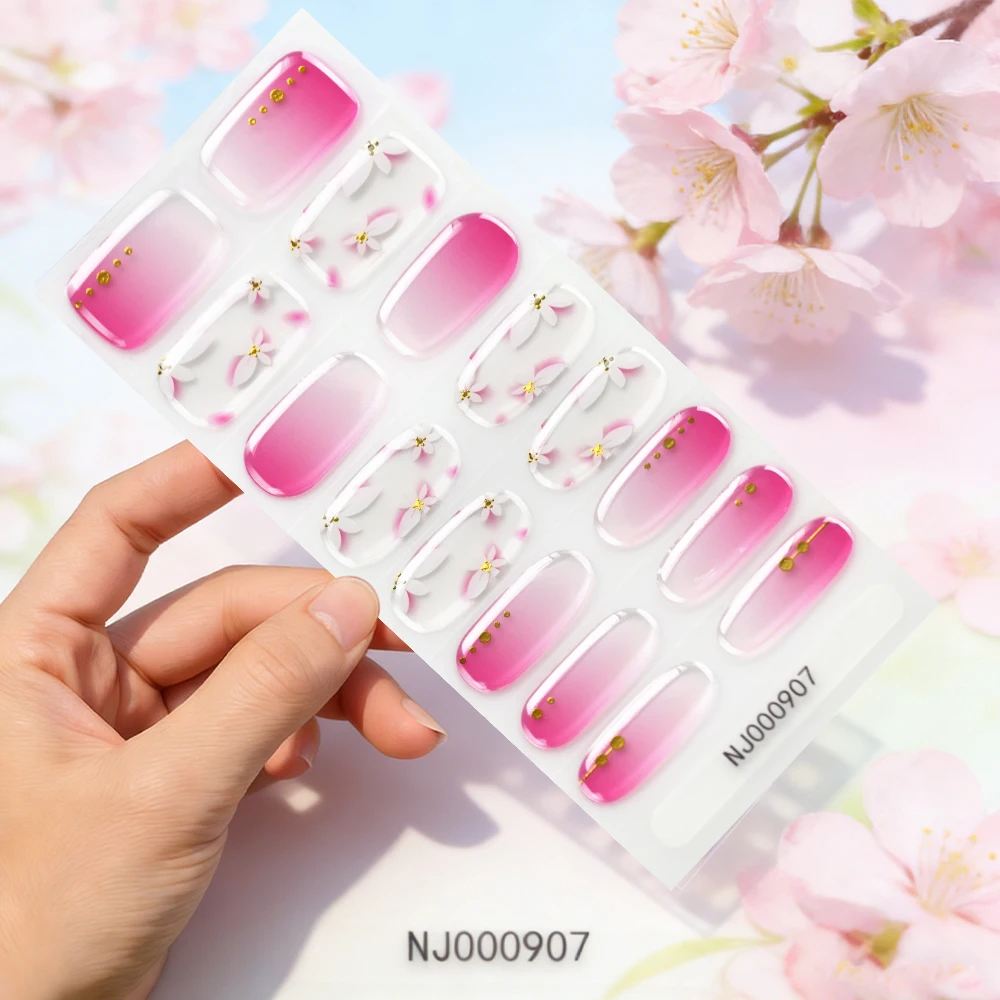 16pcs Gradient Colorful Semi Cured Gel Nail Wraps Need Nail Lamp Long-Lasting, Easy to Apply - Includes Nail File & Wooden Stick