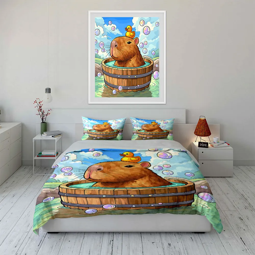 Capybara in wooden tub bubbles Print Soft Comfortable Duvet Cover Bedding Set Included 1*Duvet Cover  2*Pillowcases