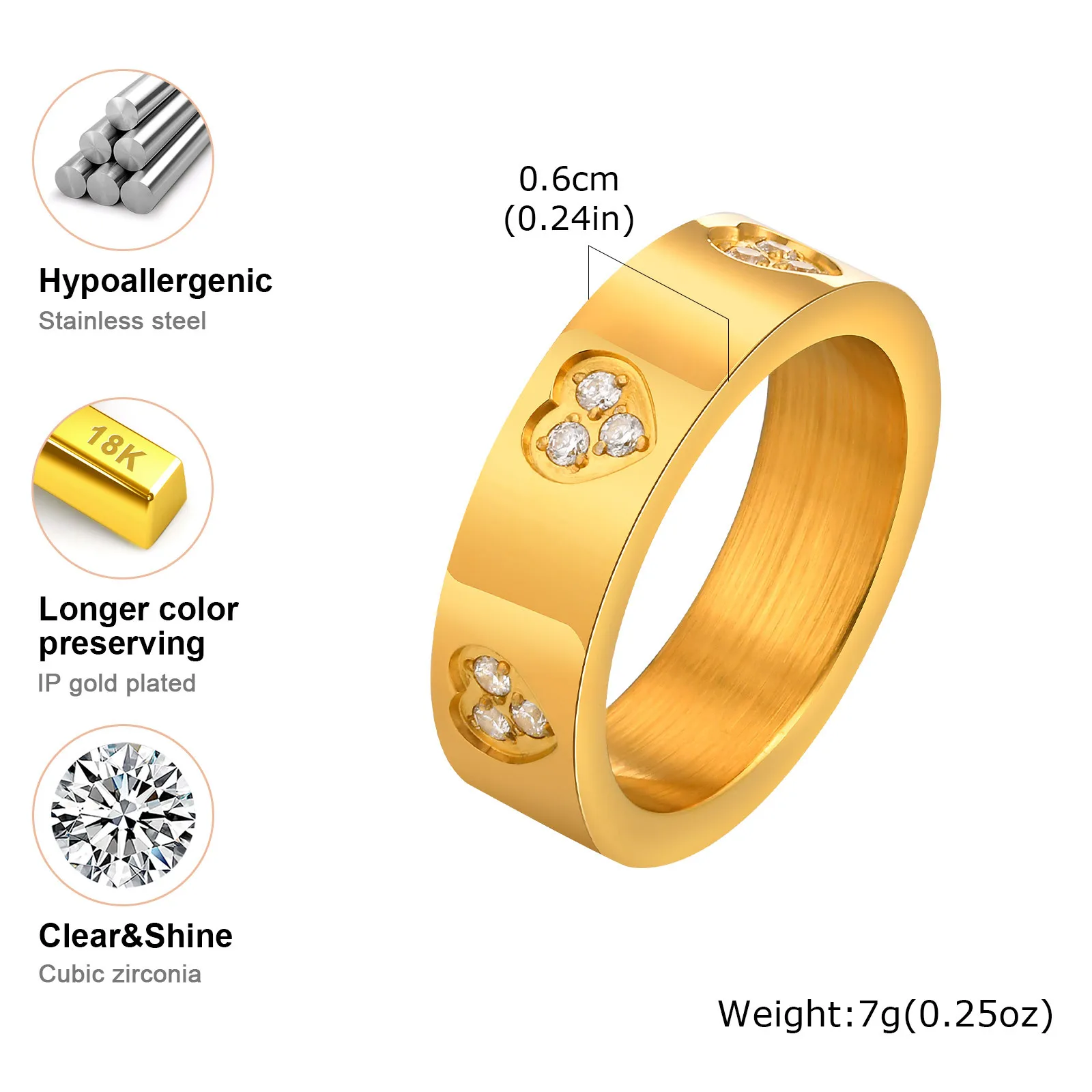 Vnox Stainless Steel Classical Rings For Women Men,Heart Carve Three Zircon Inlay Stackable Rings,Charm Jewelry Love Statement