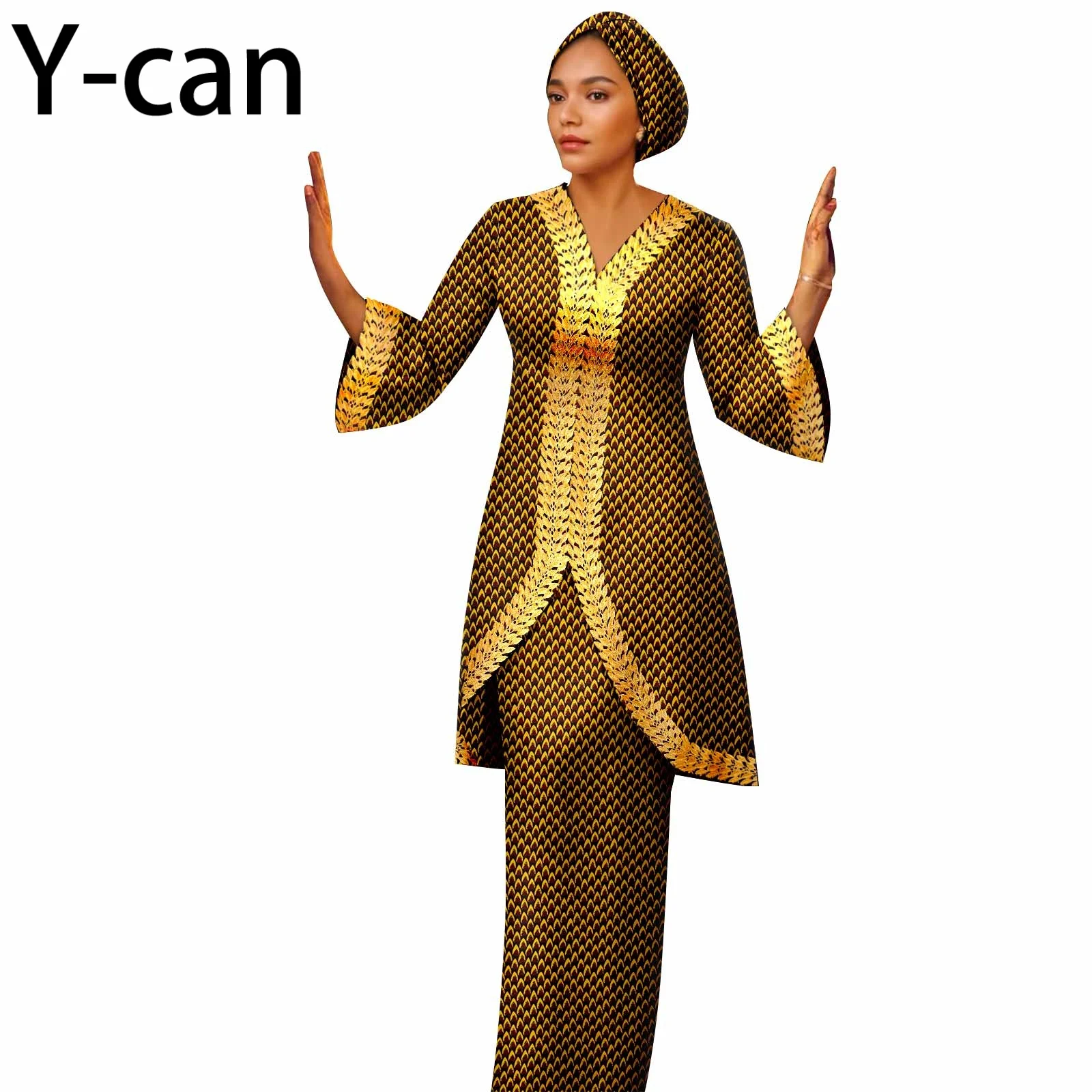 

Африканский женский комплект из 2 предметов с юбкой, роскошный длинный топ и юбка в тон, повязка на голову Bazin Riche Dashiki, наряды Анкары с принтом 2526055