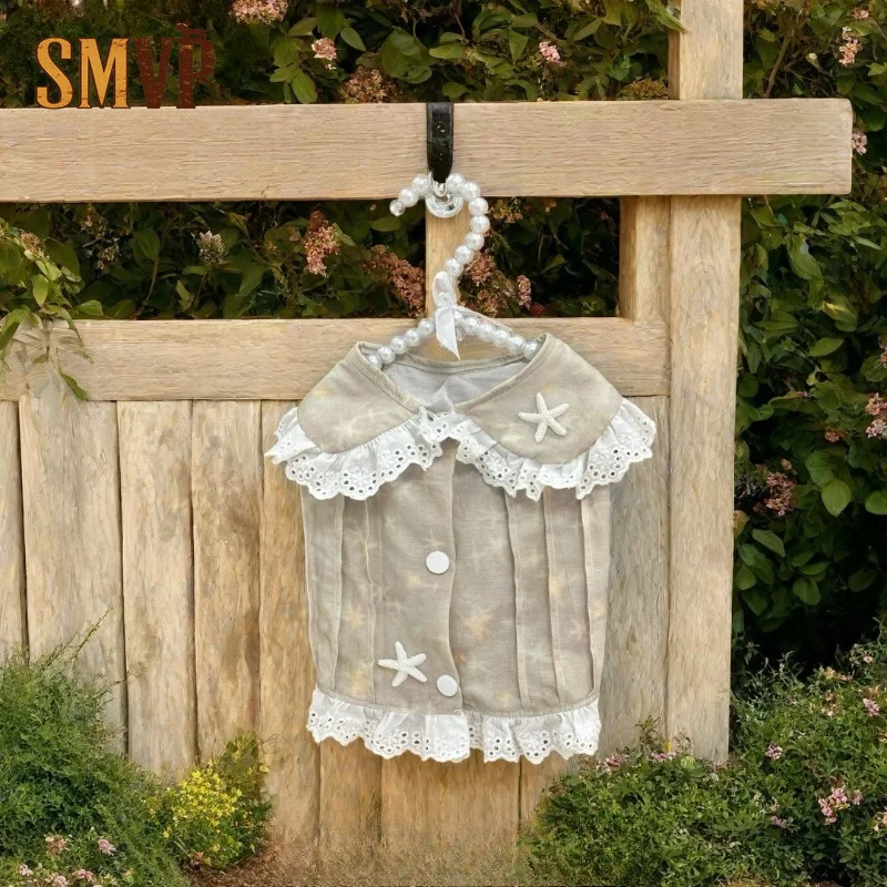 

Light Gray Starfish Print Pet Shirt Lace Trimmed Collar and Hem Breathable Spring and Summer Top for Dogs and Cats Dog Clothes